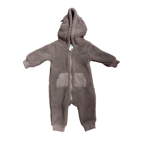 Carter's Baby Teddy Bear Fuzzy Fleece Hooded Snowsuit Romper 6m - Picture 1 of 5